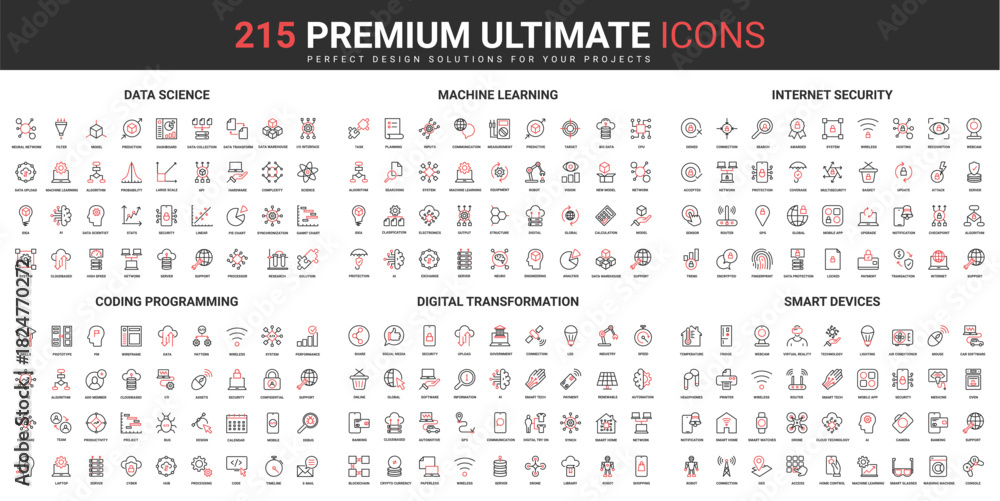 Naklejka premium Science digital technology and hightech smart devices thin line red black icons set vector illustration. Abstract innovation pictograms with AI control, automation, simple design for mobile, web apps