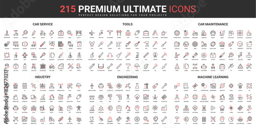 Industry thin line red black icons set vector illustration. Abstract symbols of tools and equipment for engineering and car maintenance service, machine learning simple design for mobile and web apps