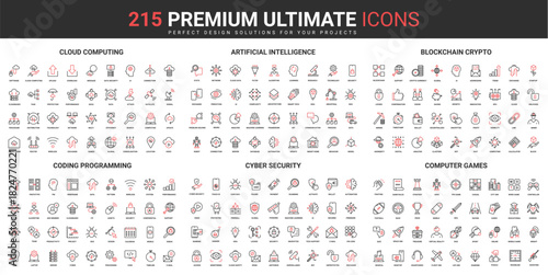 Cloud computing, AI technology thin line red black icons set vector illustration. Abstract symbols artificial intelligence, programming, blockchain, cyber security simple design for mobile, web apps