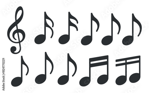 Set of dark music notes on transparent background