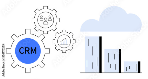 CRM gear with user, analytics, and growth icons, next to a bar graph and cloud. Ideal for data management, customer insights, cloud technology, analytics, business growth strategy simple flat