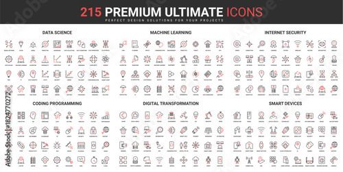Science digital technology and hightech smart devices thin line red black icons set vector illustration. Abstract innovation pictograms with AI control, automation, simple design for mobile, web apps