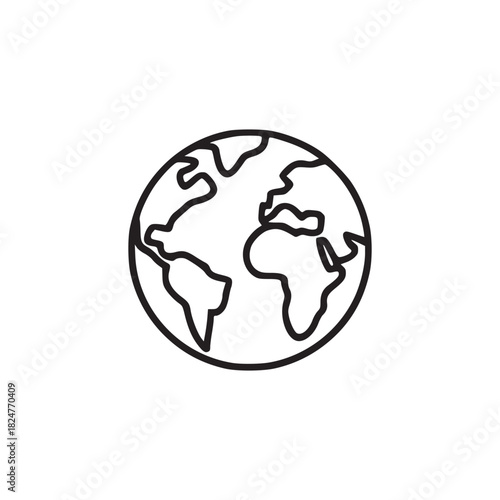 A simple black and white line drawing of the earth showing the continents in a circular shape