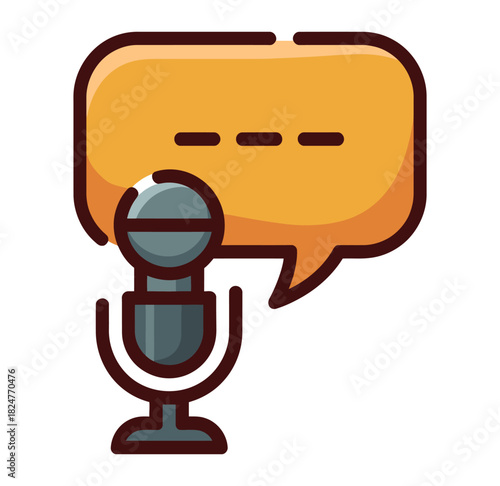 A microphone and a speech bubble icon symbolize communication, broadcasting, or speaking.