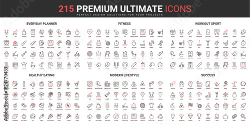 Modern lifestyle, sport workout thin line red black icons set vector illustration. Abstract symbols of daily healthy food, fitness planner application, success diet simple design mobile and web apps