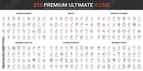 Beauty, sport exercises for healthy modern lifestyle thin line red black icons set vector illustration. Abstract symbols planner food diet, sport and leisure simple design for mobile and web apps