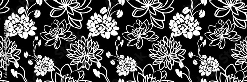 monochrome asian flower motif repeatable wallpaper for textile print packaging or elegant website header minimal hand drawn style