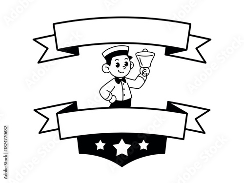 A cartoon bellhop holding a ringing bell, with blank banners for text above and below.