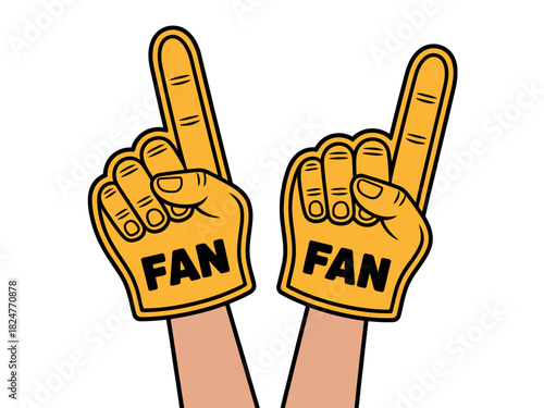 Two hands wear orange foam fingers with 'FAN' printed on them, raised in the air.