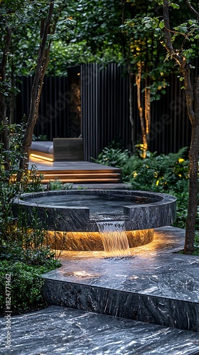 Dark Stone Water Feature with Waterfall and Ambient Lighting Image