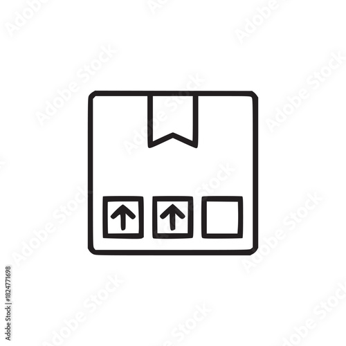 Isolated outline illustration of a cardboard box with arrows indicating direction and handling fragility