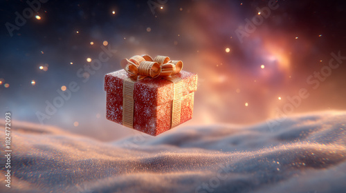 a single gift box decorated with festive Christmas wrapping, floating gently in air