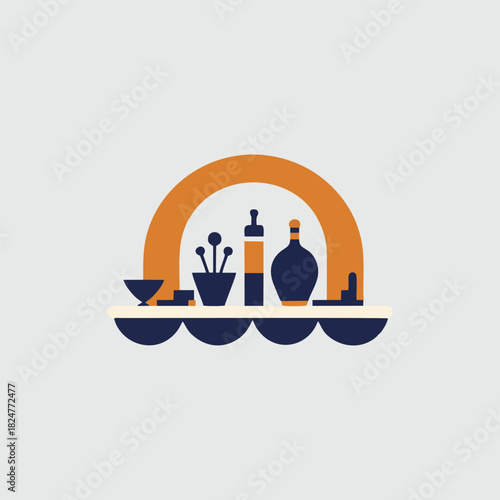 Stylized illustration of kitchenware on a shelf with an arch behind it.
