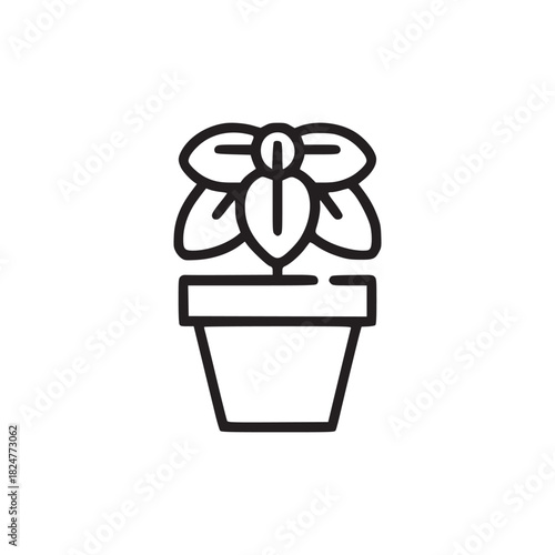 A simple line drawing of a potted plant with leaves and a flower in a square shaped pot on white