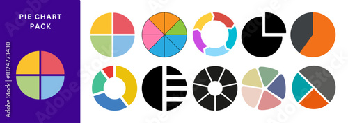 Infographic Pie Chart Icons, colorful data visuals, presentation analytics symbols, modern segmented chart elements designed for business reports, dashboards, and statistical explanations