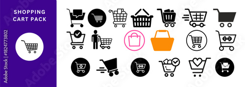Retail Shopping Cart Icons, market basket visuals, physical store purchase symbols, supermarket trolley graphics, navigation elements for retail signage, shelves, offers, and shop UI