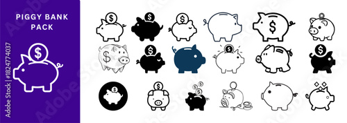 Piggy Bank Icons Pack, savings symbols, budget planning visuals, financial goal illustrations, money-saving graphics, family finance icons designed for apps, education, banking, and budgeting tools