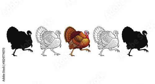 Five turkeys in a row, depicted in various styles color, line art, and silhouettes