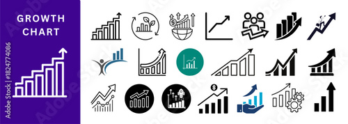 Growth Chart Icons Pack, business analytics symbols, performance trend visuals, financial progress graphs, corporate KPI illustrations, modern data visualization elements for reports and dashboards