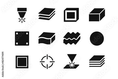 Set of 3d printing and material icons in black on white background