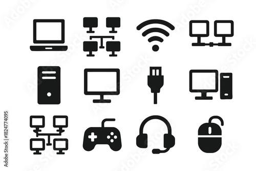 Set of computer and network icons including laptop, wi-fi, monitor, and gaming accessories