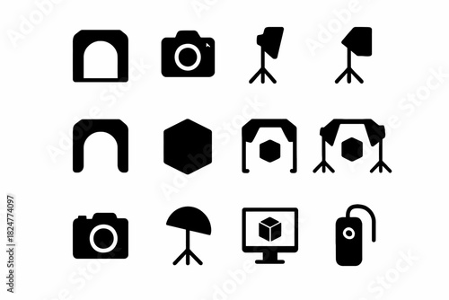 Photography equipment icons: camera, tripod, softbox, studio setup