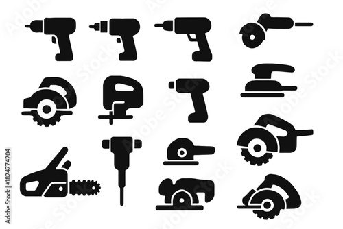 Silhouette icons of power tools and equipment for construction and diy projects
