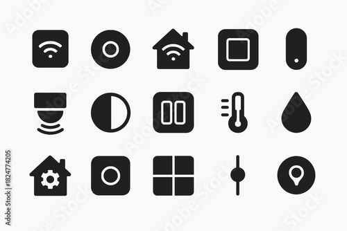 Smart home icons set including wifi, thermostat, security, and automation symbols