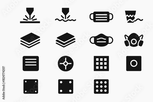 Collection of safety and industrial icons in black and white vector style