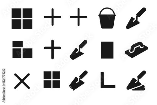 Construction tool icons: trowel, bucket, tile, grout line symbols for building and renovation