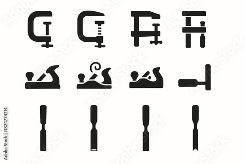 Black silhouette icons of woodworking tools including clamps, planes, and chisels