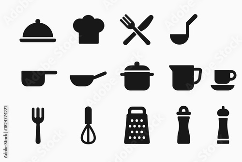 Collection of black kitchen icons: chef hat, utensils, pots, grater, and more