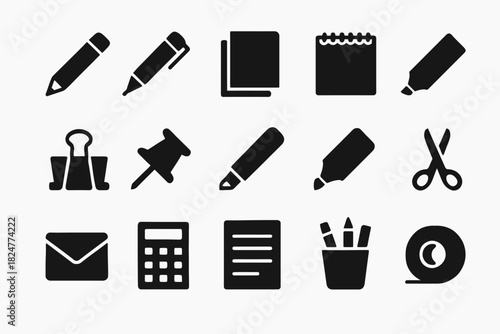 Collection of office stationery icons including pens and scissors