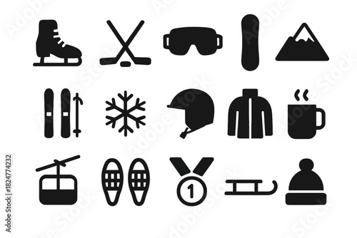 Winter sports gear icons: skating, skiing, snowboarding, sledding, and more