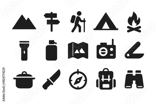 Essential outdoor adventure icons: hiking, camping, navigation, survival gear