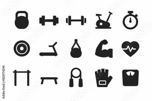 Fitness icons: kettlebell, dumbbells, treadmill, exercise bike, stopwatch, boxing glove
