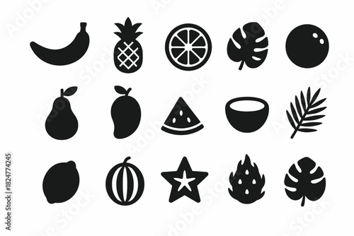 Silhouette icons of various fruits and leaves in simple black vector style