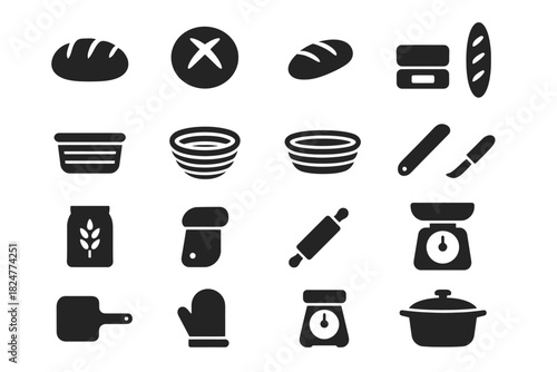 Bread and baking icons set: loaves, bowls, rolling pin, scale, mitt, pot