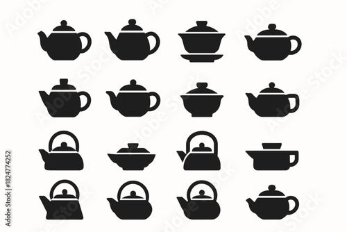 Silhouette collection of various teapot styles and designs in grid layout