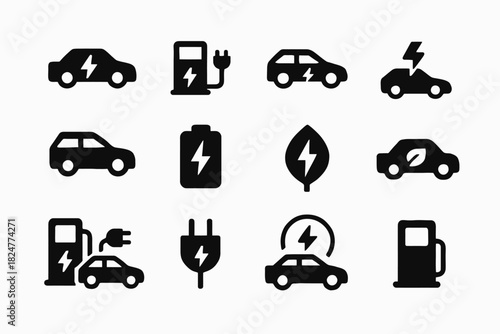 Electric vehicle icons: charging, batteries, and sustainable transportation symbols