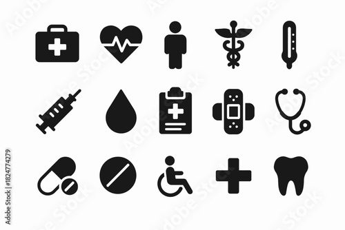 Set of 16 black medical icons featuring heart, stethoscope, and thermometer