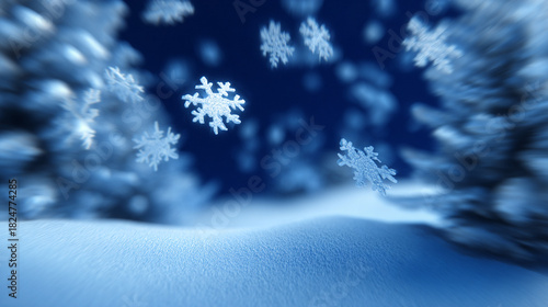 Gentle snowflakes falling on quiet winter night scene with snow-covered trees