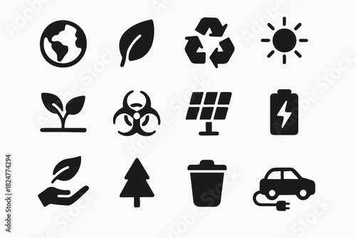 Eco-friendly icon set: earth, leaf, recycle, solar, electric car, tree
