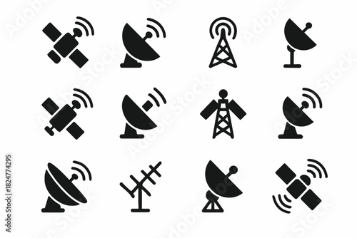 Satellite and antenna icons: communication technology symbol set