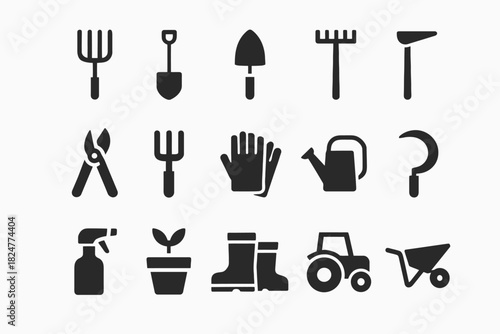 Set of gardening tools icons: rake, shovel, pruning shears, gloves, watering can, tractor