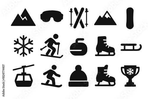 Winter sports icons: skiing, snowboarding, ice skating, and more