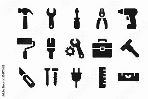 Silhouette set of various hand and power tools icons collection