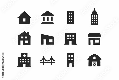 Black silhouette icons of various building types