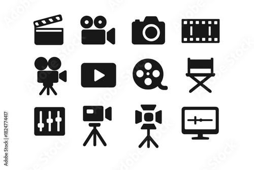 Film and video equipment icons: camera, projector, director chair, clapperboard