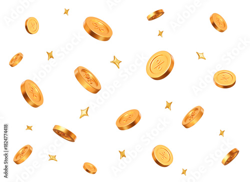 3d flying golden coins with percent sign with stars. Stock vector illustration on isolated background.